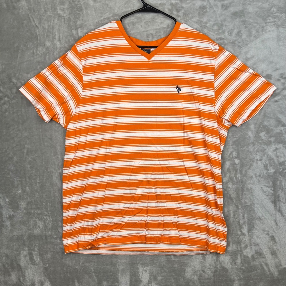 US Polo Assn Mens XXL‎ Orange White Striped V Neck Short Sleeve Cotton T Shirt